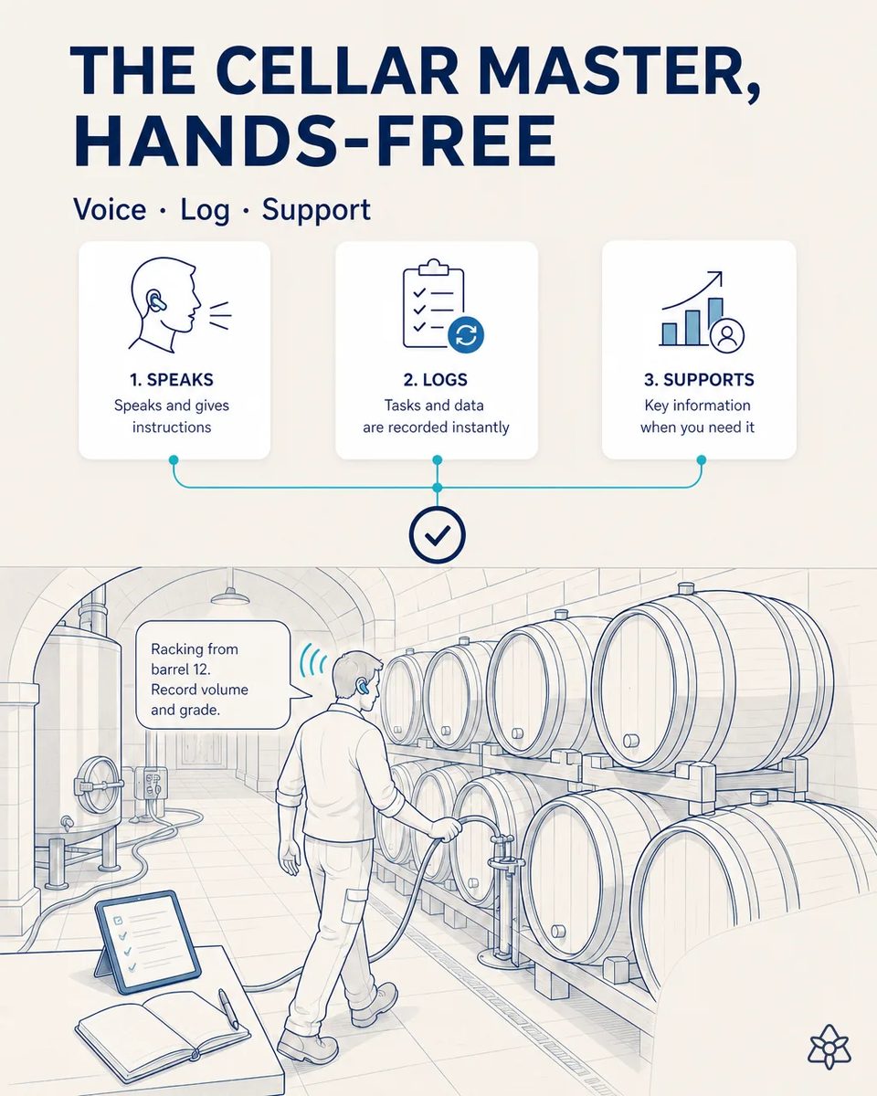 Cellar master wearing an earpiece walking along stacked oak barrels in a vaulted aging cellar, holding a hose while dictating a racking note, with a tablet on a table beside