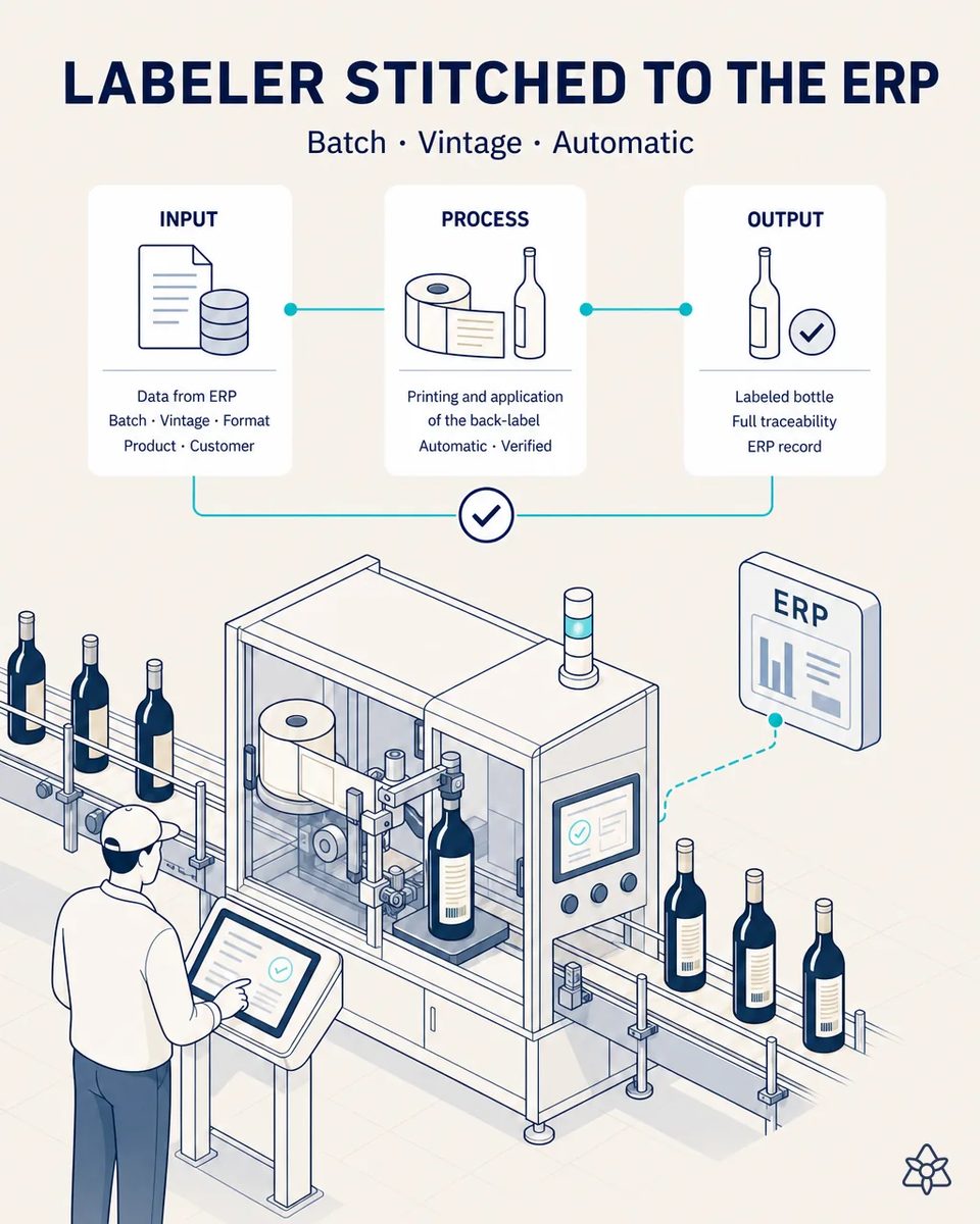 Operator at a touchscreen beside an automatic labeler applying back-labels to wine bottles on the conveyor, with an ERP panel linked to the machine