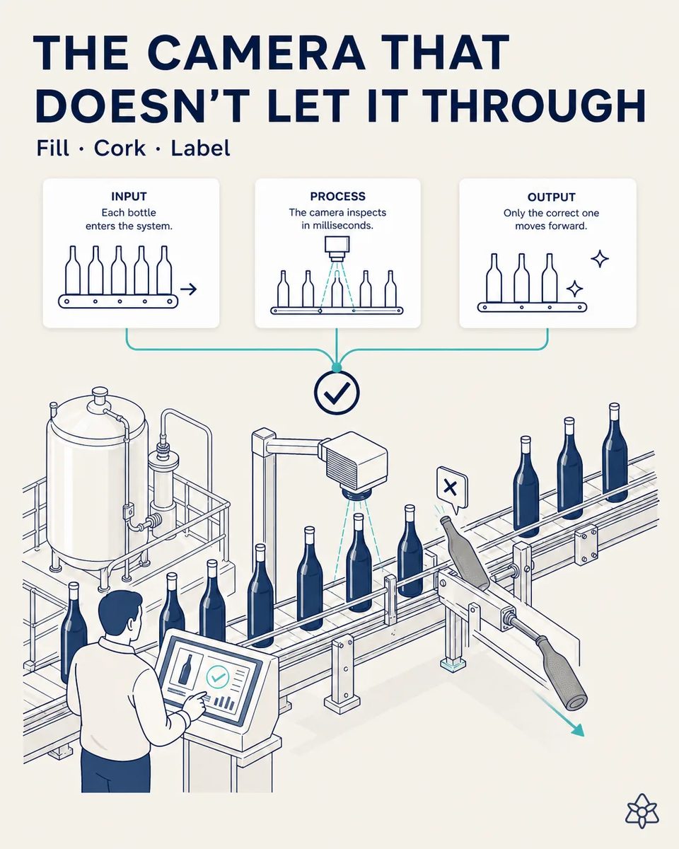 Edge vision camera mounted over a wine bottling conveyor inspecting each bottle, with a defective bottle being ejected and an operator watching the result on a screen