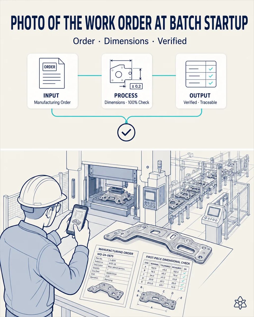 Operator in a hard hat photographing with a phone the printed manufacturing order and the handwritten first-piece dimensional check sheet beside a stamped structural part, with the press line behind