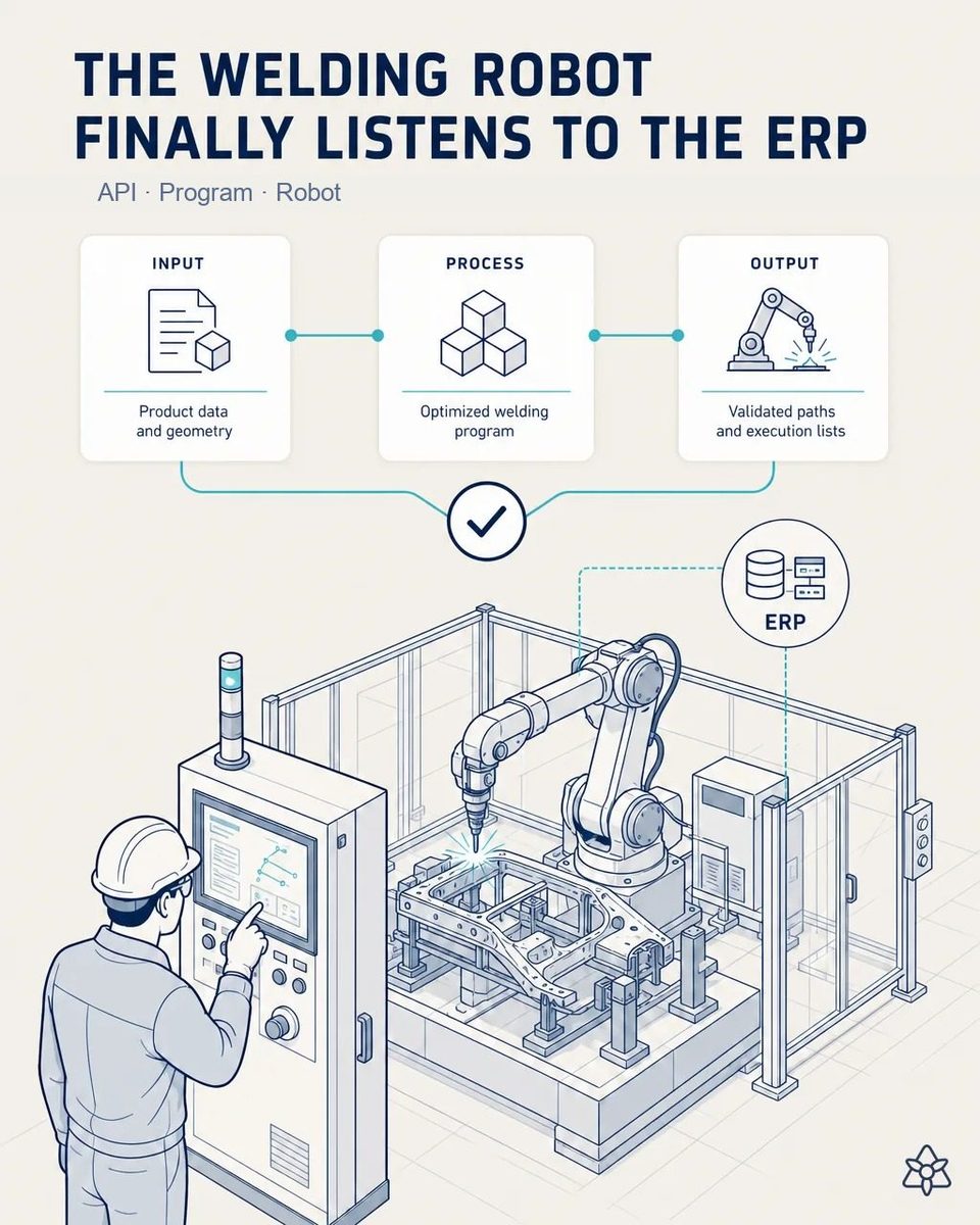 Operator at the control cabinet of a fenced robotic welding cell where the arm welds a structural body assembly held in its fixture, with the ERP feeding the program through the API