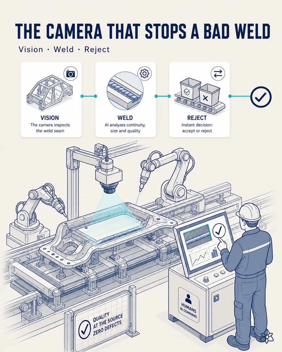 Overhead vision camera projecting its light cone onto the weld seam of a structural assembly moving along the line between two welding robots, while an operator reviews the accept or reject verdict on screen