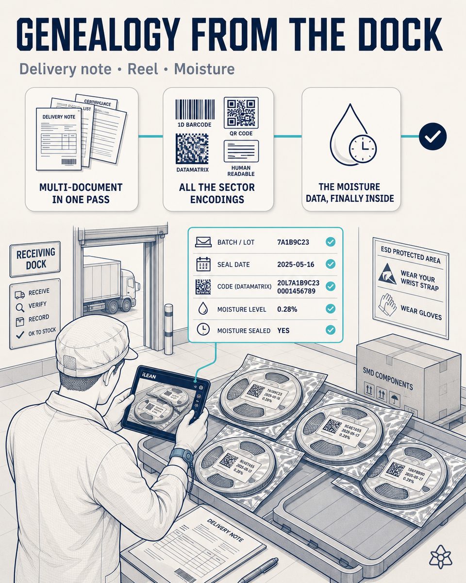 Receiving manager of an electronic panel plant photographing the delivery note and the reel labels with the tablet, while iLEAN Connect extracts batch, seal date and moisture sensitivity level