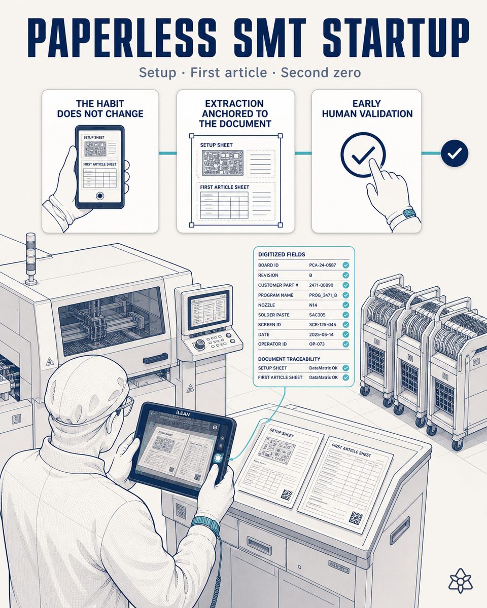 Technician on an SMT line for electronic panels photographing the setup sheet and the first-article sheet with the industrial tablet when starting a reference — Connect extracts stencil, feeder positions, reel batches and signer