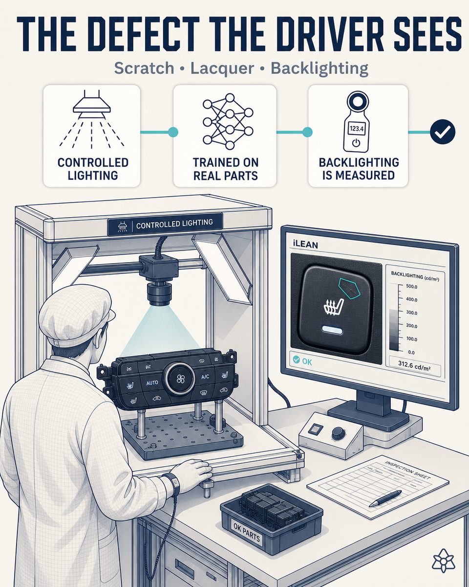 iLEAN Edge camera with controlled lighting at the final inspection station of an electronic panel plant, detecting scratches, uneven lacquering and unequal backlighting