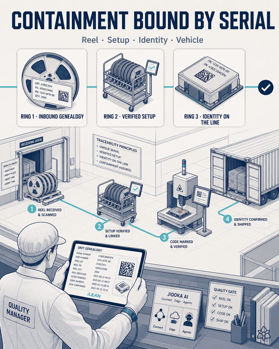 Control room of an electronic panel plant with the four coordinated iLEAN verification rings, from the received reel to the vehicle, showing a part's unit genealogy