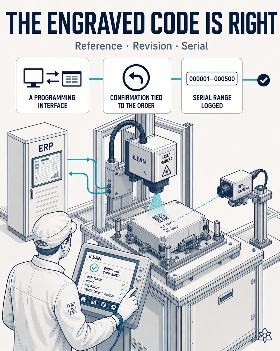 Laser marker of an electronic panel plant engraving the data matrix code with the reference, revision and serial range received from the active order via iLEAN Connect
