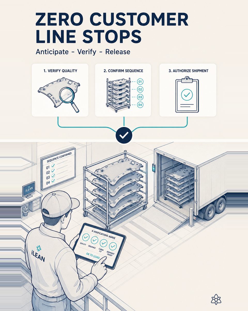 Expedition lead of a headliner plant checking on a tablet that the four verification rings agree before the rack boards the truck