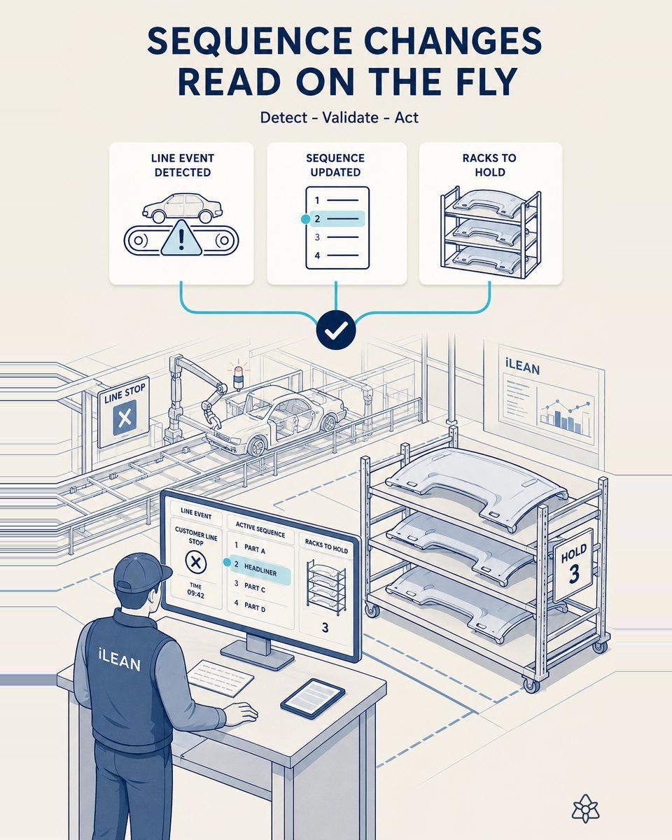 Logistics lead in a headliner plant seeing a customer line stop alert cross-referenced with the active sequence and the racks to hold