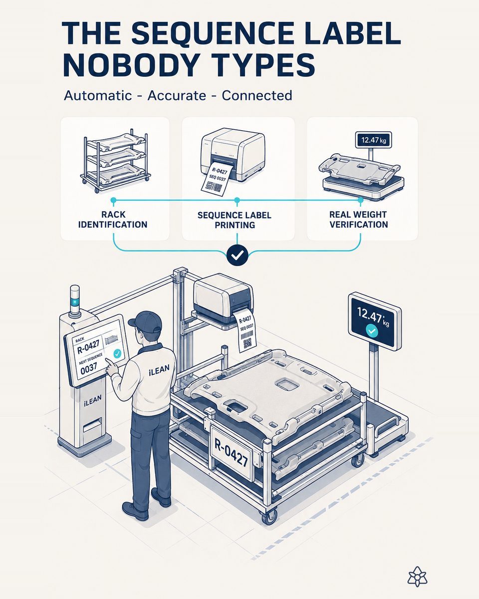 Labeler printing the sequence label of a headliner rack while the scale verifies the real weight of its contents