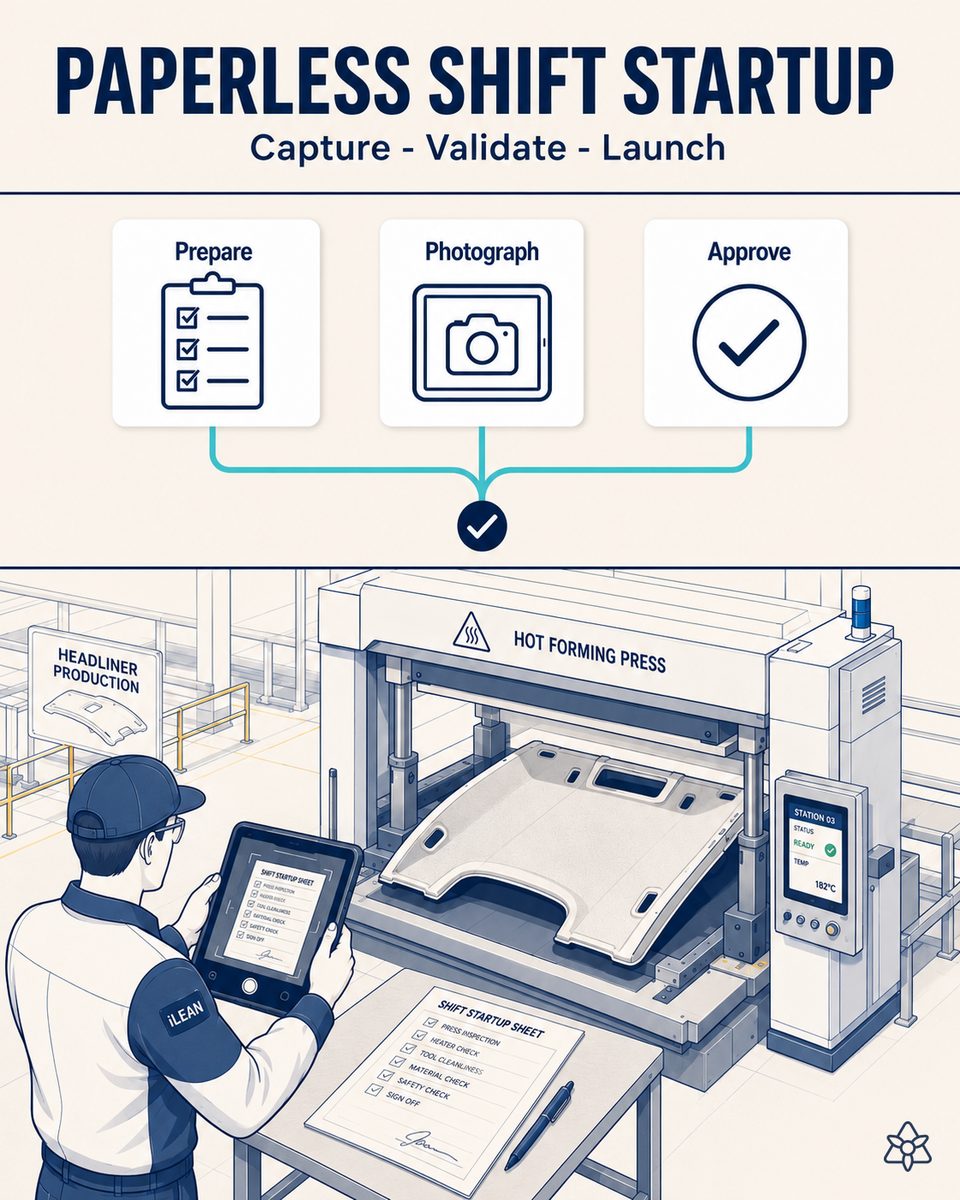 Line lead in a headliner plant photographing the shift startup sheet with an industrial tablet next to the hot forming press
