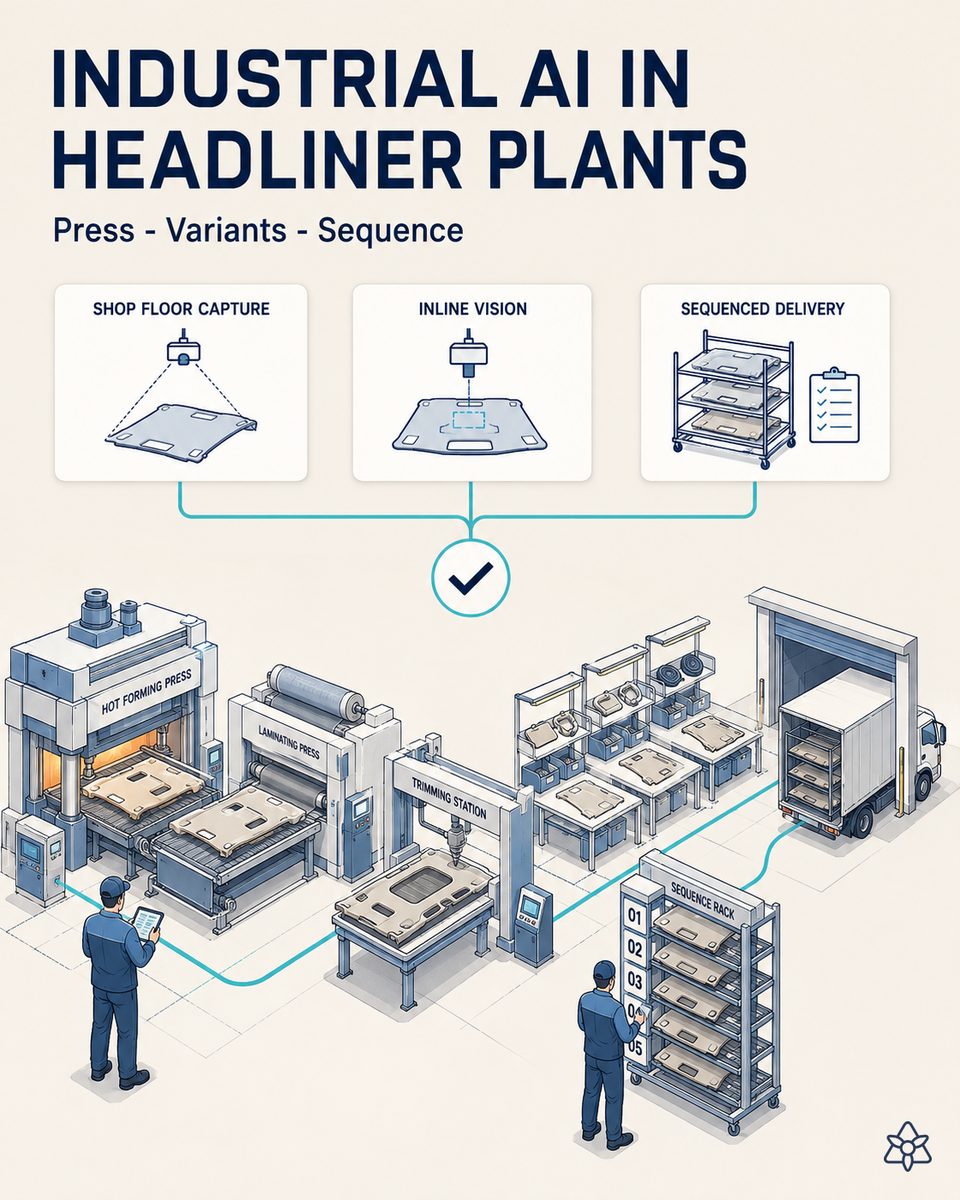 Automotive headliner plant with hot forming press, trimming center and variant assembly line