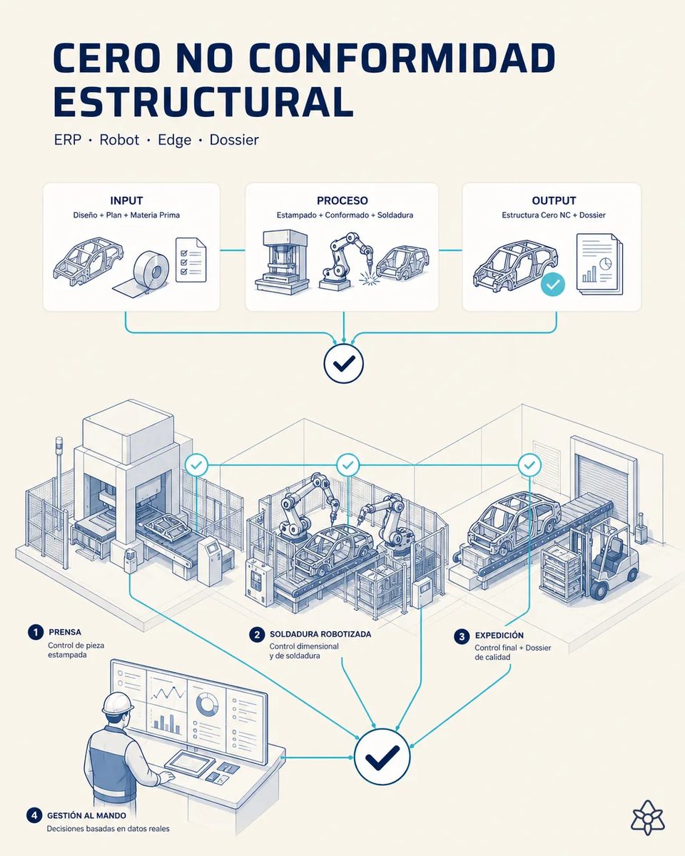 Vista completa de la planta con la prensa, la célula de soldadura robotizada y la zona de expedición enlazadas por puntos de control, y un responsable ante el panel de mando revisando los indicadores de las tres etapas