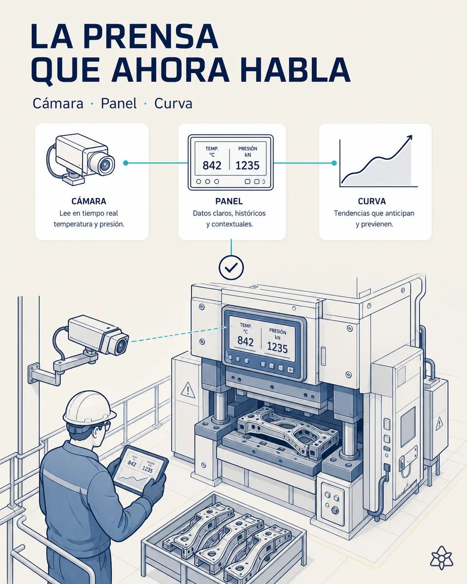 Cámara industrial fija en brazo articulado apuntando al panel de una prensa de conformado que muestra temperatura 842 grados y presión 1235 kilonewton, con un operario en pasarela mirando la curva en su tableta y piezas estampadas apiladas delante