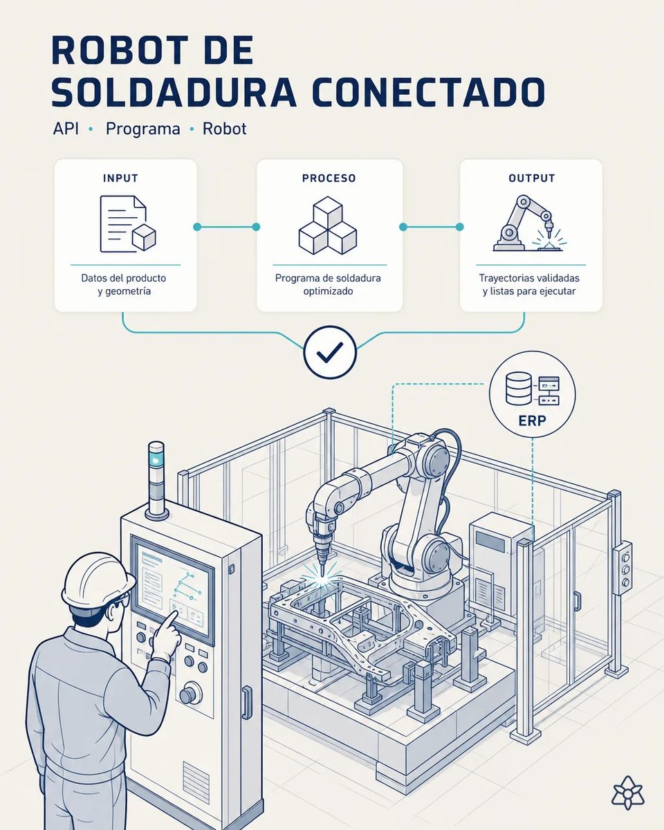 Operario ante el armario de control de una célula robotizada de soldadura vallada, con el robot trabajando sobre una pieza estructural amarrada en su útil y el enlace con el ERP marcado en la pantalla