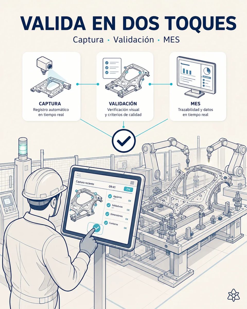 Operario con casco confirmando con el dedo en una tableta industrial montada sobre soporte a pie de línea un resumen con agujeros, soldaduras, dimensiones y contorno en OK, con la célula robotizada y el útil de amarre detrás