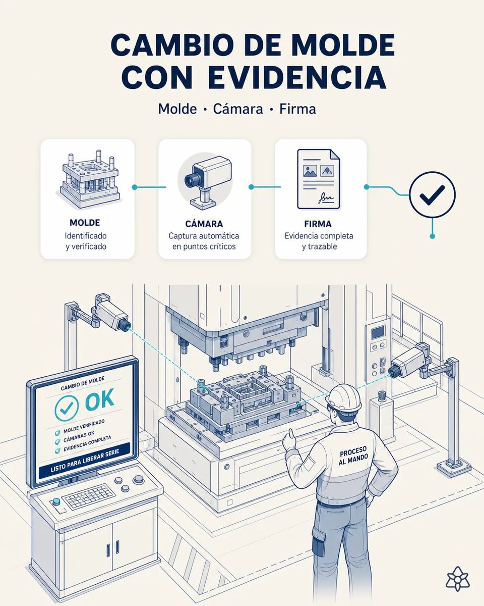 Prensa abierta con el molde montado y dos cámaras en brazos apuntando a los puntos críticos, con un responsable de proceso dando el visto bueno ante una pantalla que marca molde verificado y listo para liberar serie