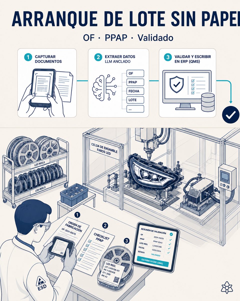 Operario de una fábrica Tier 1 de faros LED premium fotografiando con la tableta la OF anotada a mano, el checklist PPAP y la primera etiqueta de reel de LEDs al arrancar el turno — Connect los digitaliza al segundo cero