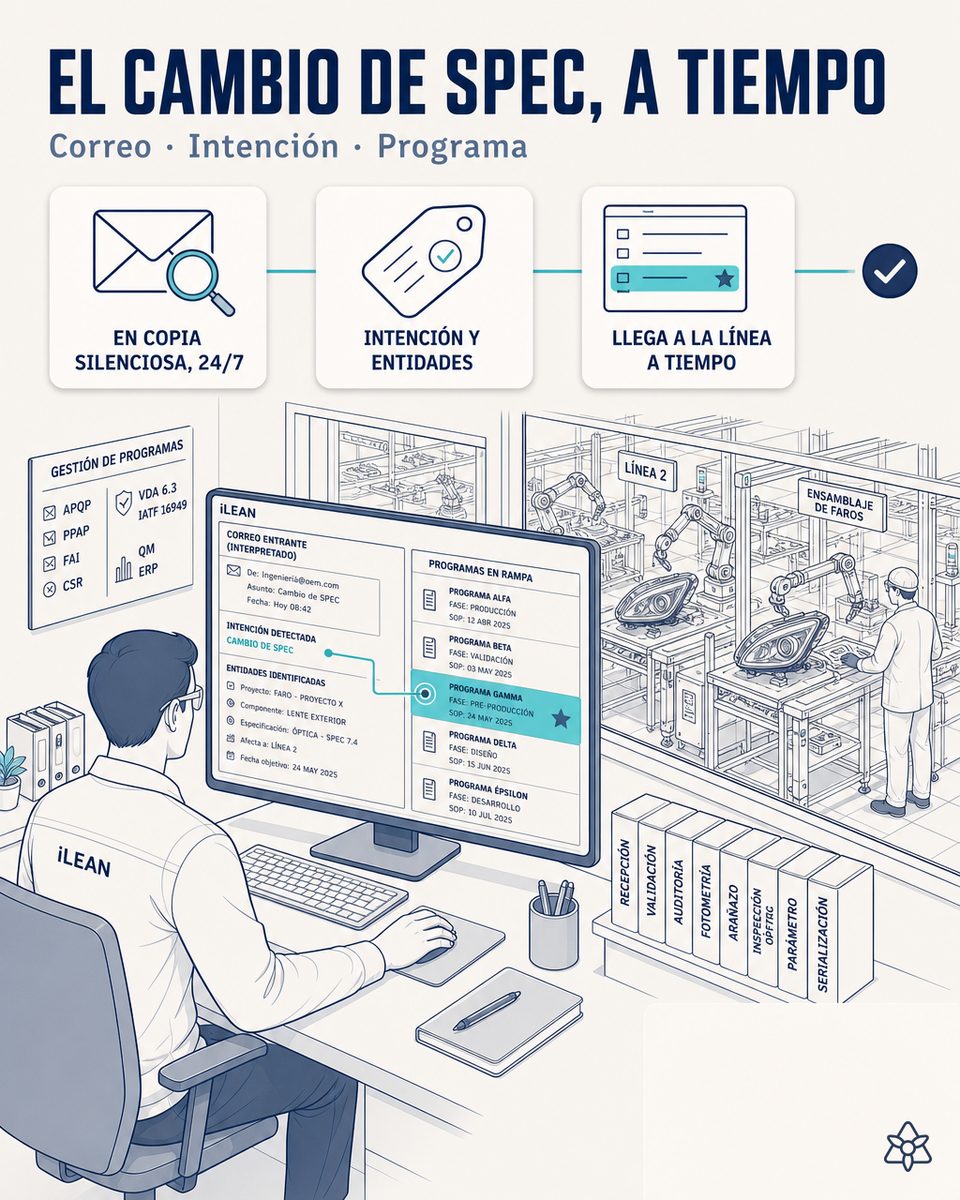 Quality Development Manager de una planta Tier 1 de faros LED premium revisando en el móvil un email del residente cliente sobre un cambio de especificación fotométrica, con las órdenes de fabricación activas del ERP de fondo — Connect detecta el mensaje en el segundo cero