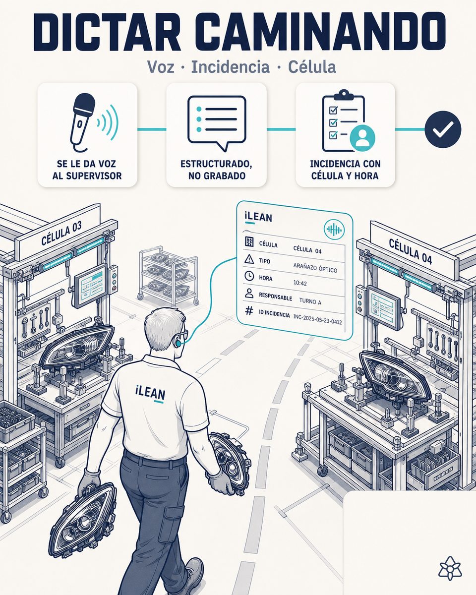 Supervisor de ensamblado final de una planta Tier 1 de faros LED premium caminando entre células con un pinganillo, dictando una observación que iLEAN Connect estructura como no conformidad candidata vinculada al programa y célula activos