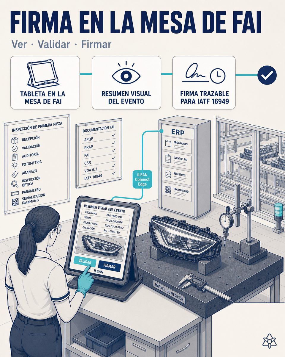 Técnico de calidad de una planta Tier 1 de faros LED premium validando en 2 toques, sobre la tableta industrial de la mesa de FAI, el resumen visual capturado por iLEAN Connect antes de que el dato entre al ERP QM