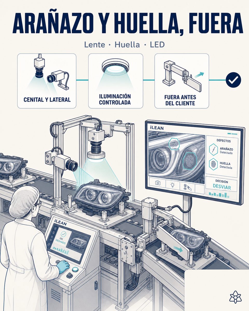 Cámaras industriales Edge cenital y lateral instaladas sobre la célula de ensamblado de faros LED premium, inspeccionando lente y housing antes de la prueba fotométrica y del desvío físico