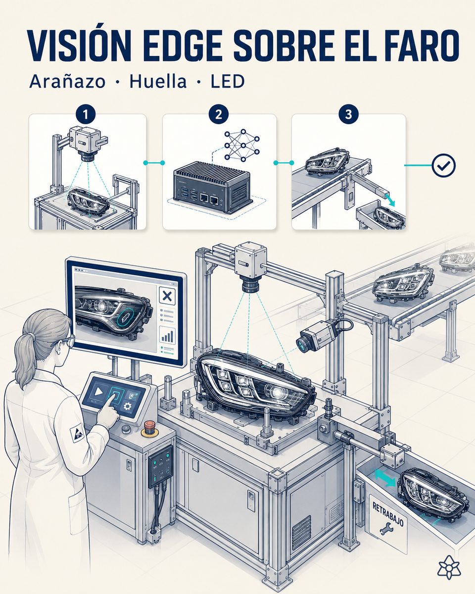 Cámaras industriales Edge cenital y lateral instaladas sobre la célula de ensamblado de faros LED premium, inspeccionando lente y housing antes de la prueba fotométrica y del desvío físico