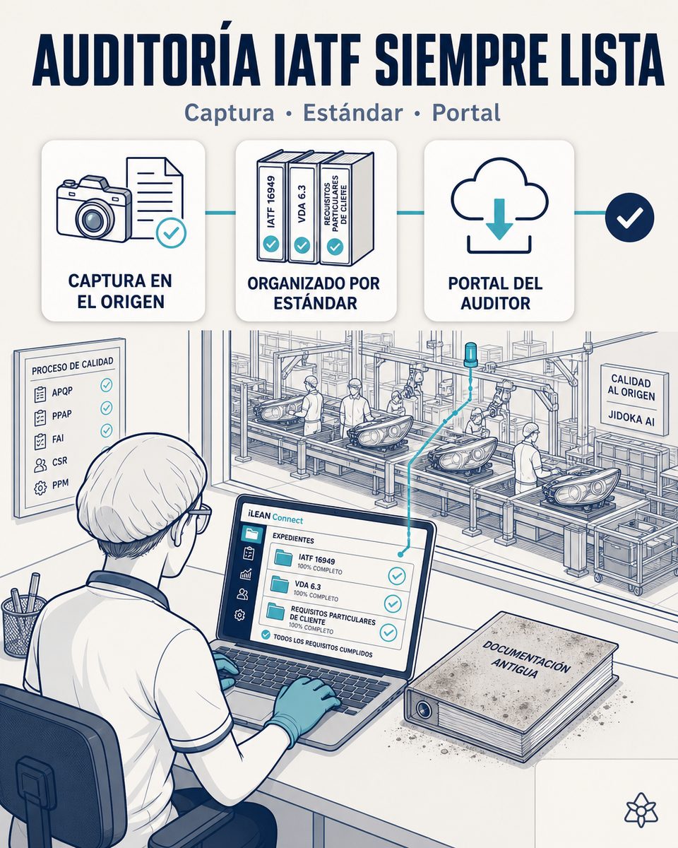 Responsable de Calidad de una planta Tier 1 de faros LED premium revisando en un portátil el portal del auditor con el evidence pack organizado por IATF 16949 y CSR de cada OEM