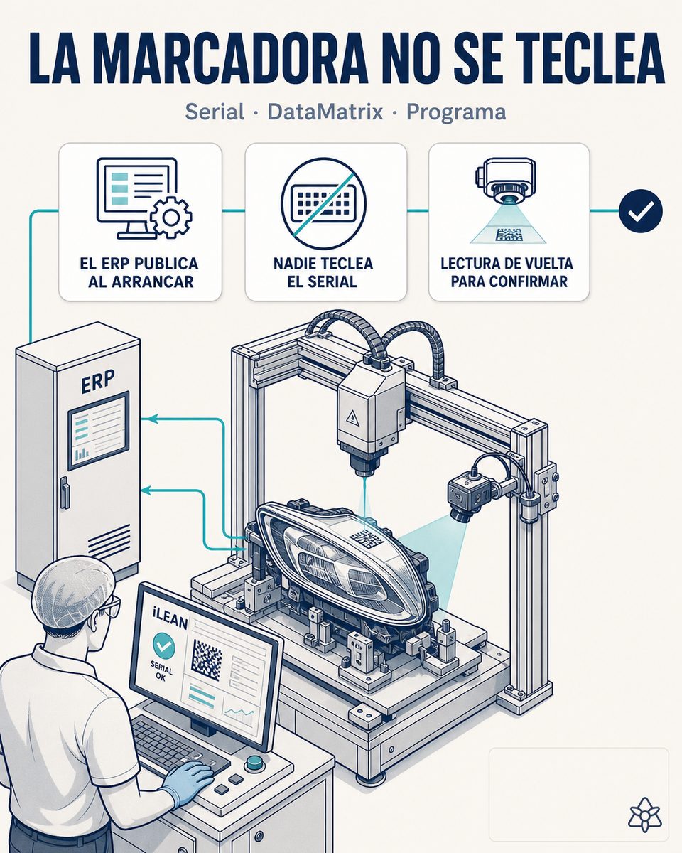 Marcadora láser grabando el DataMatrix en un faro LED premium de automoción, cosida al ERP mediante iLEAN Connect con serial, versión de programa y campos de trazabilidad publicados desde la OF activa