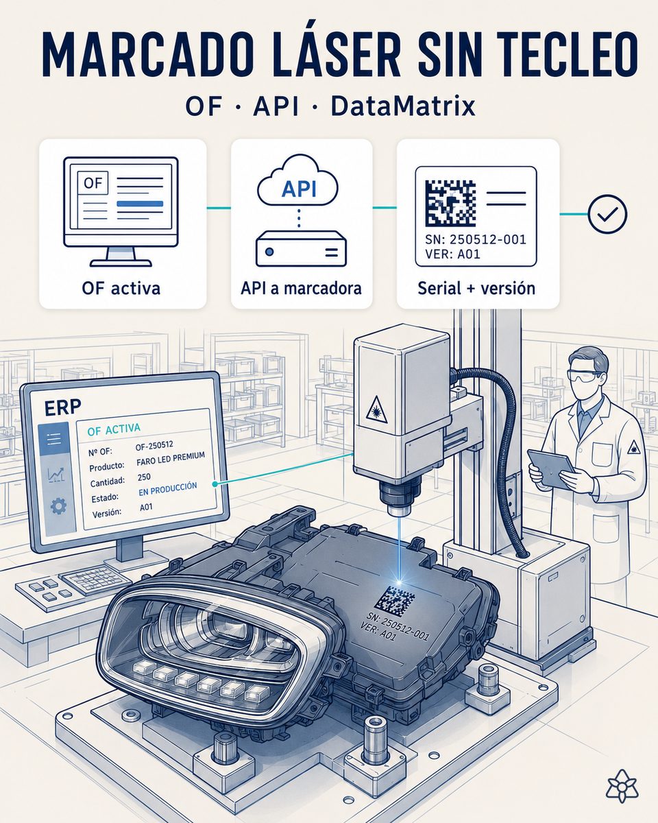 Marcadora láser grabando el DataMatrix en un faro LED premium de automoción, cosida al ERP mediante iLEAN Connect con serial, versión de programa y campos de trazabilidad publicados desde la OF activa