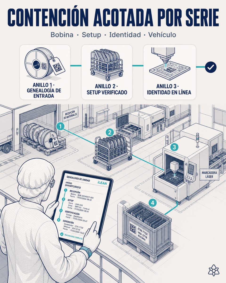 Sala de control de una planta de paneles electrónicos con los cuatro anillos de verificación iLEAN coordinados, del carrete recibido al vehículo, mostrando la genealogía unitaria de una pieza
