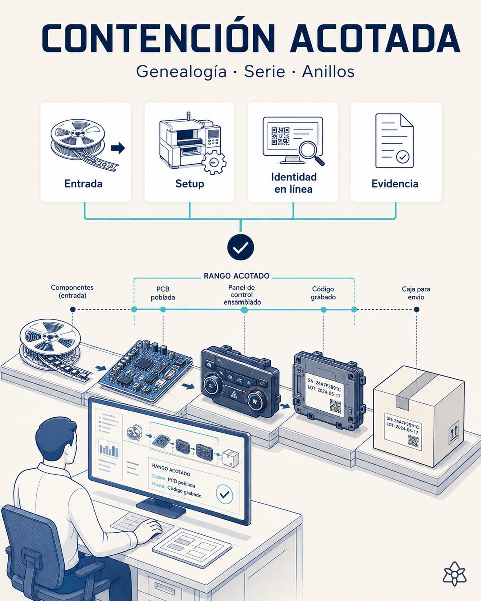 Sala de control de una planta de paneles electrónicos con los cuatro anillos de verificación iLEAN coordinados, del carrete recibido al vehículo, mostrando la genealogía unitaria de una pieza
