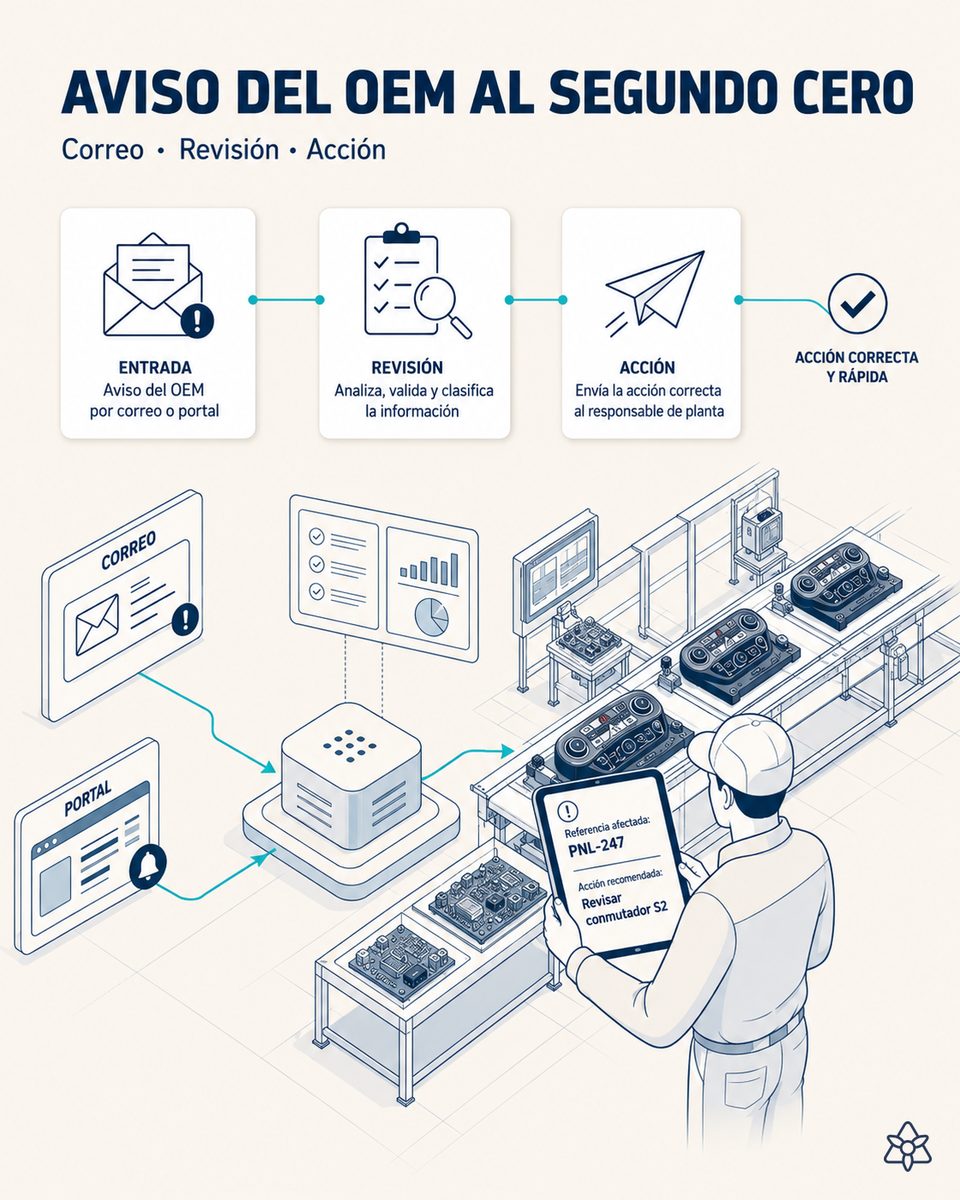 Responsable de planificación de un proveedor de paneles electrónicos revisando en pantalla la acción concreta que iLEAN Connect ha generado tras leer un cambio de ingeniería del cliente OEM
