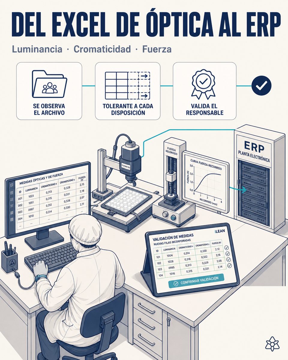 Ingeniero del laboratorio de una planta de paneles electrónicos guardando la hoja con luminancia, cromaticidad y curva de fuerza-recorrido en la carpeta compartida, mientras iLEAN Connect la parsea para el volcado al ERP