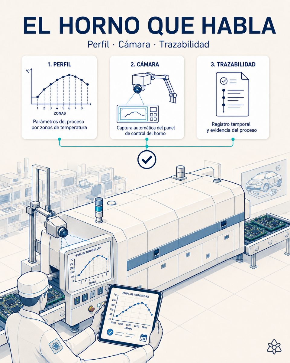 Cámara industrial iLEAN Connect montada frente al panel propietario del horno de reflow de una línea de paneles electrónicos, leyendo temperatura por zona y velocidad de cinta de cada referencia