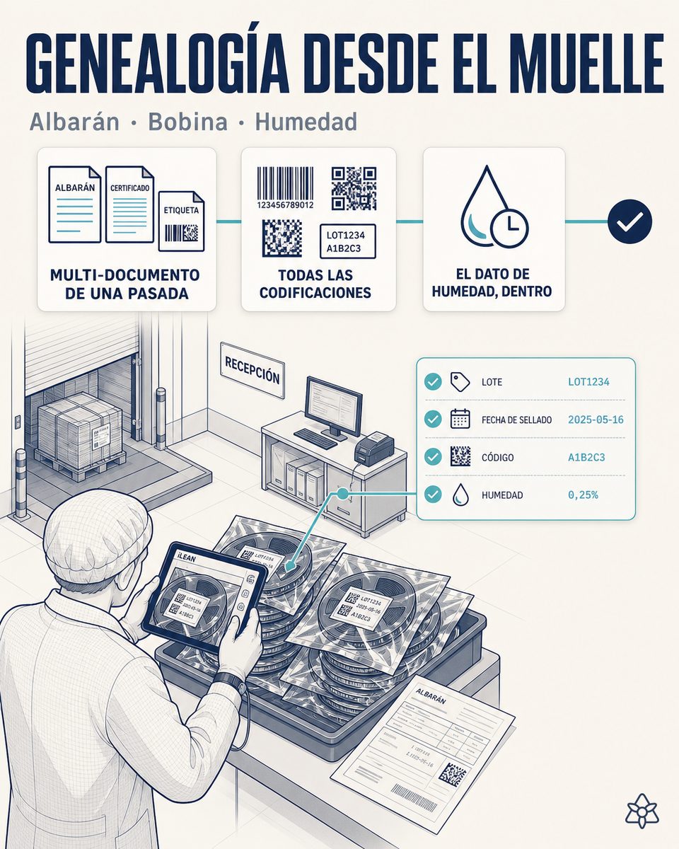 Responsable de recepción de una planta de paneles electrónicos fotografiando con la tableta el albarán y las etiquetas de los carretes, mientras iLEAN Connect extrae lote, fecha de sellado y nivel de sensibilidad a la humedad