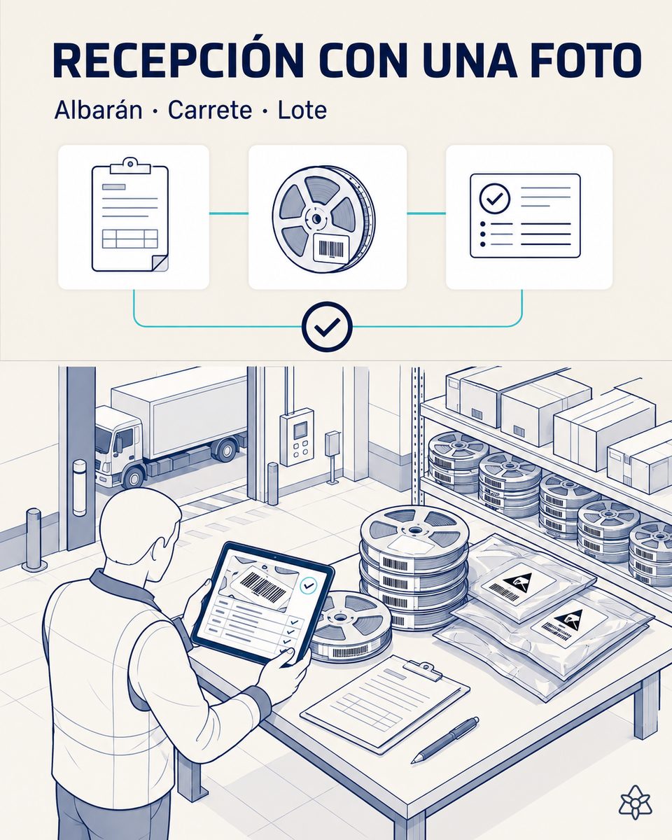 Responsable de recepción de una planta de paneles electrónicos fotografiando con la tableta el albarán y las etiquetas de los carretes, mientras iLEAN Connect extrae lote, fecha de sellado y nivel de sensibilidad a la humedad