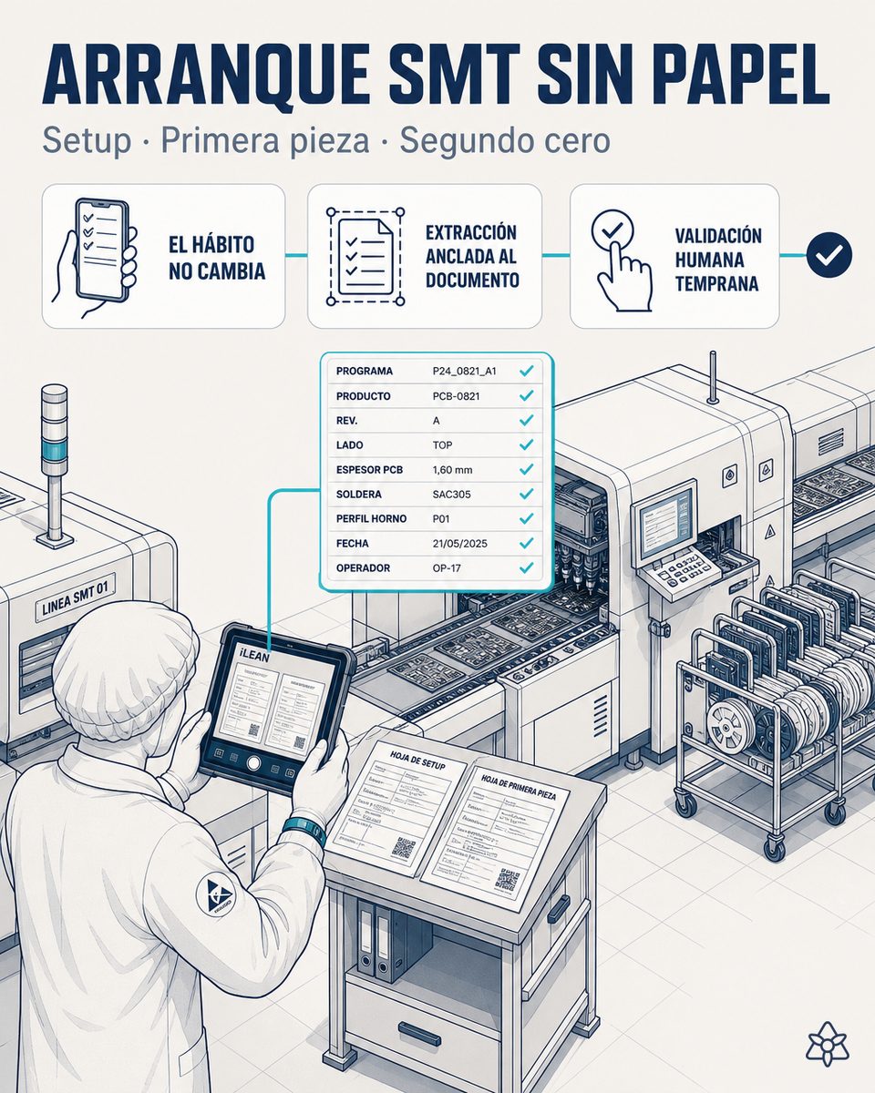 Técnico de una línea SMT de paneles electrónicos fotografiando con la tableta industrial la hoja de setup y la hoja de primera pieza al arrancar una referencia — Connect extrae stencil, posiciones de feeder, lotes de carrete y firmante