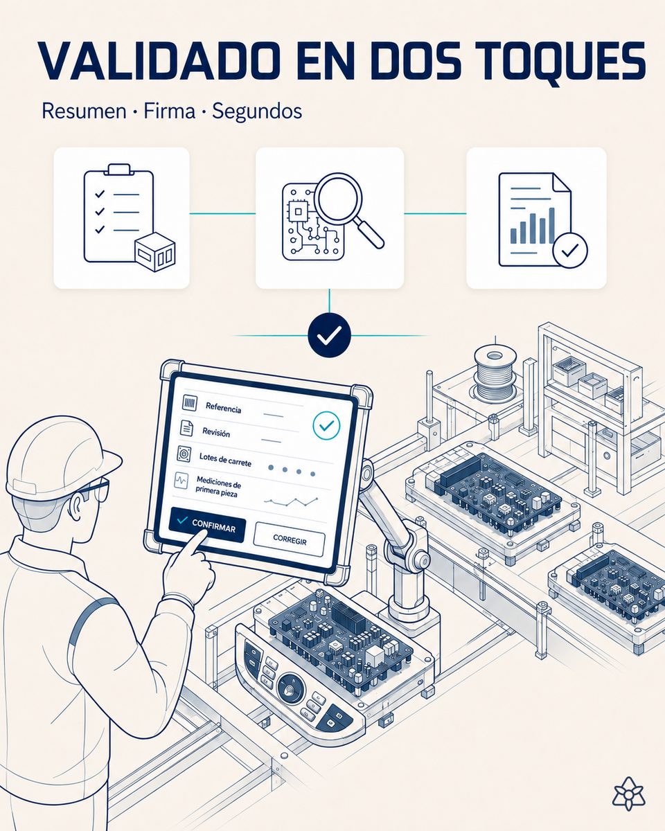 Técnico de una línea de paneles electrónicos validando en dos toques sobre la tableta industrial el resumen de lo capturado antes de que el dato cruce al sistema central con firma y marca de tiempo