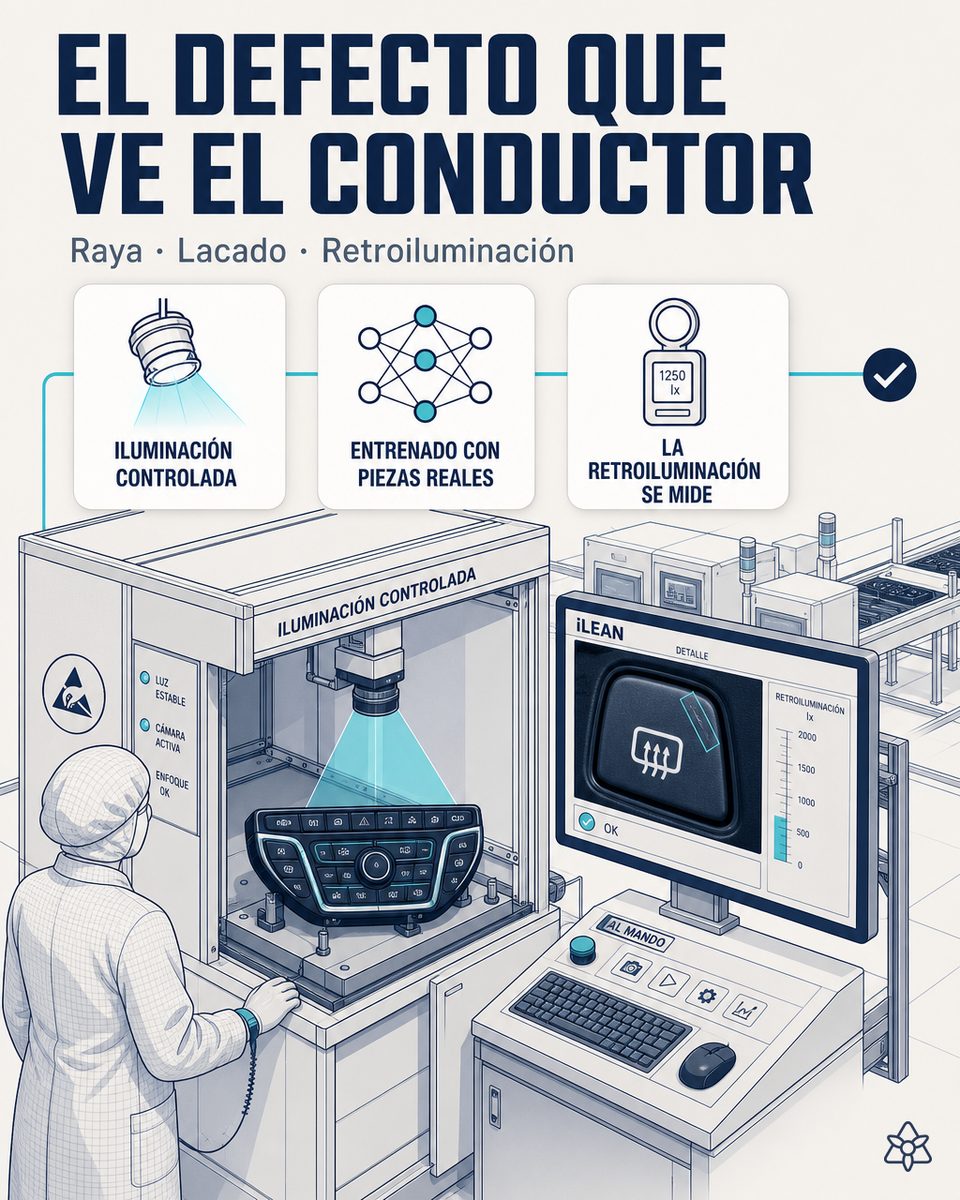 Cámara iLEAN Edge con iluminación controlada en el puesto de inspección final de una planta de paneles electrónicos, detectando rayado, lacado irregular y retroiluminación desigual