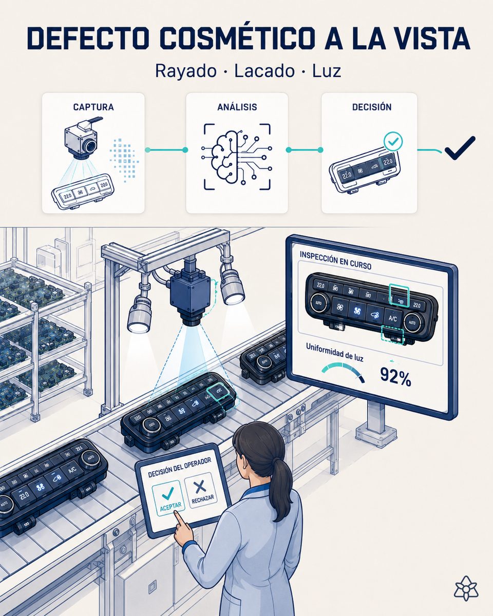 Cámara iLEAN Edge con iluminación controlada en el puesto de inspección final de una planta de paneles electrónicos, detectando rayado, lacado irregular y retroiluminación desigual