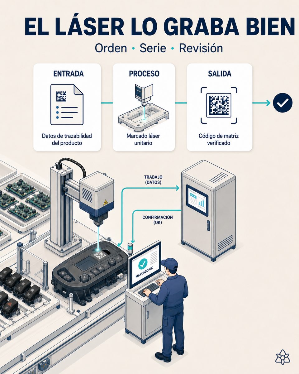 Marcadora láser de una planta de paneles electrónicos grabando el código de matriz de datos con la referencia, la revisión y el rango de serie recibidos desde la orden activa vía iLEAN Connect