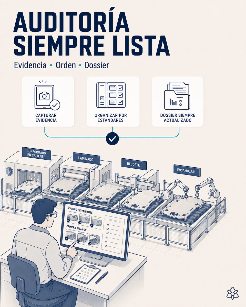 Responsable de calidad de una planta de guarnecidos descargando el dossier de evidencia de un período, ya organizado por requisito del estándar