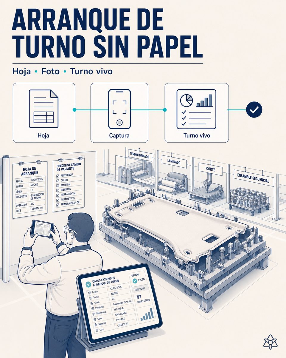 Jefe de línea de una planta de guarnecidos de techo fotografiando con tableta industrial la hoja de arranque de turno junto a la prensa de conformado