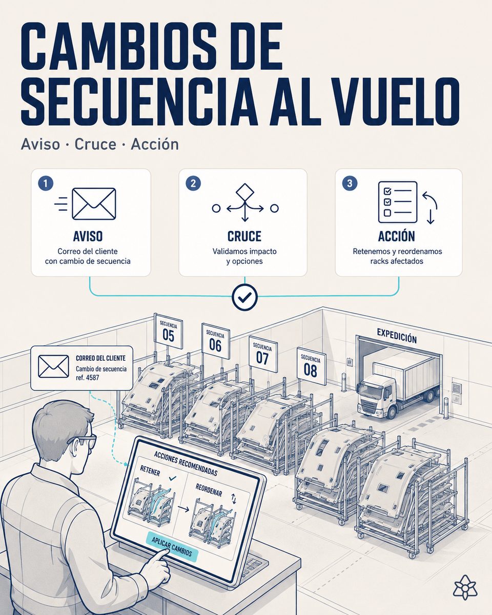 Responsable de logística de una planta de guarnecidos viendo el aviso de parada de línea del cliente cruzado con la secuencia activa y los racks a retener