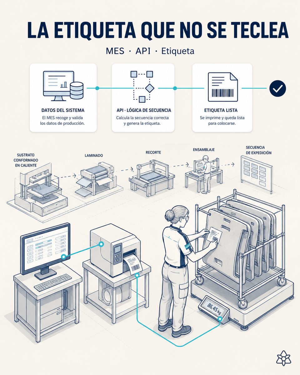 Etiquetadora imprimiendo la etiqueta de secuencia de un rack de guarnecidos de techo mientras la báscula verifica el peso real del contenido