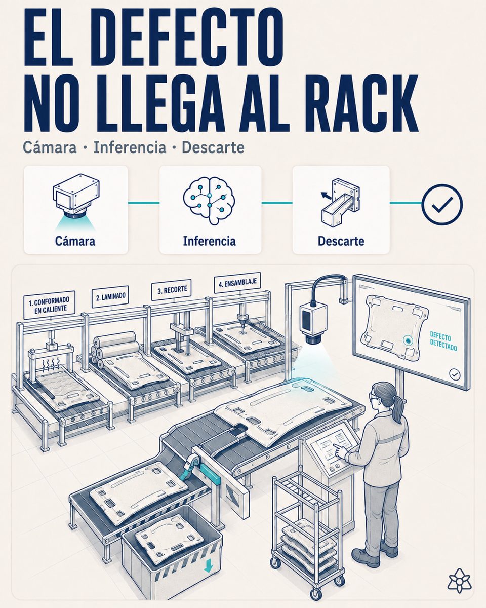 Cámaras de visión industrial inspeccionando a contraluz un guarnecido de techo a la salida de laminado, con la pieza sospechosa saliendo de la secuencia