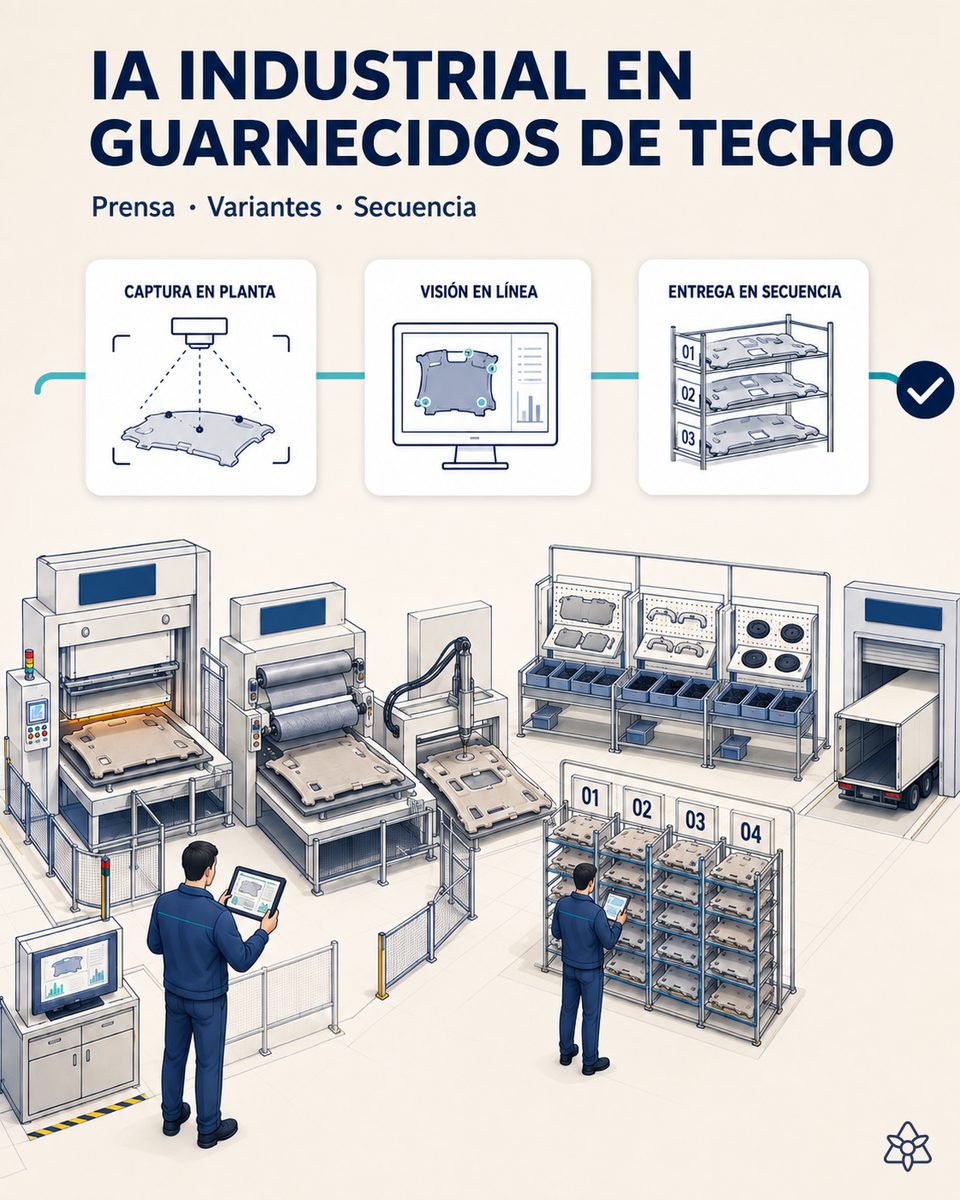 Planta de guarnecidos de techo para automoción con prensa de conformado, centro de recorte y línea de ensamblaje de variantes