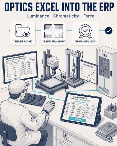 Laboratory photometry and force-travel results fed into the ERP quality module