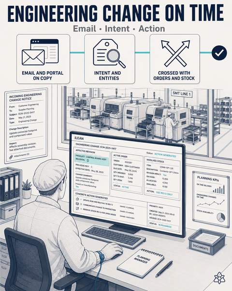 OEM engineering change cross-referenced with active orders by iLEAN Connect